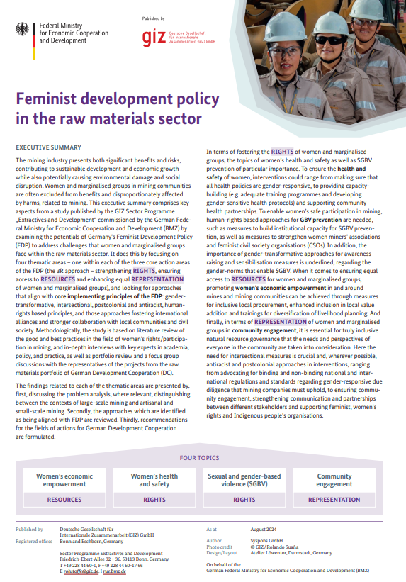 Deckblatt Feminist development policy raw materials sector